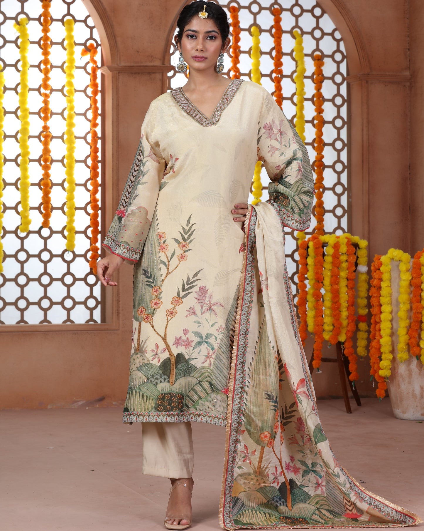 Beige Printed Tissue Suit-3