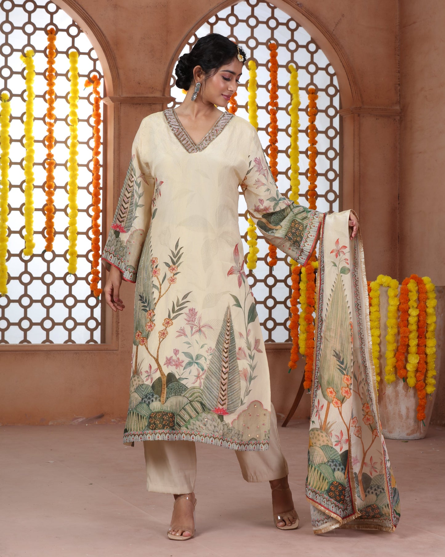 Beige Printed Tissue Suit-3