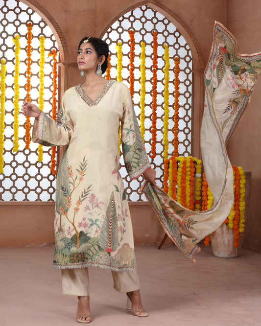 Beige Printed Tissue Suit-3