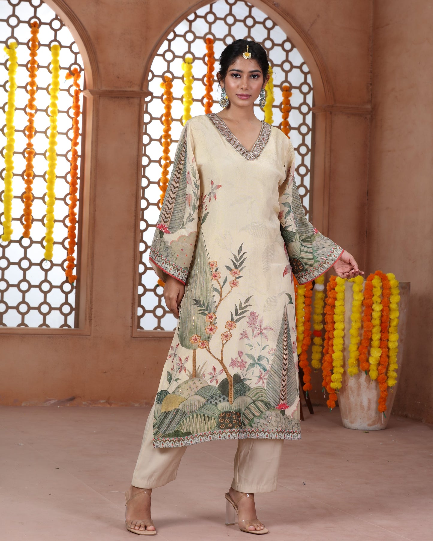 Beige Printed Tissue Suit-3