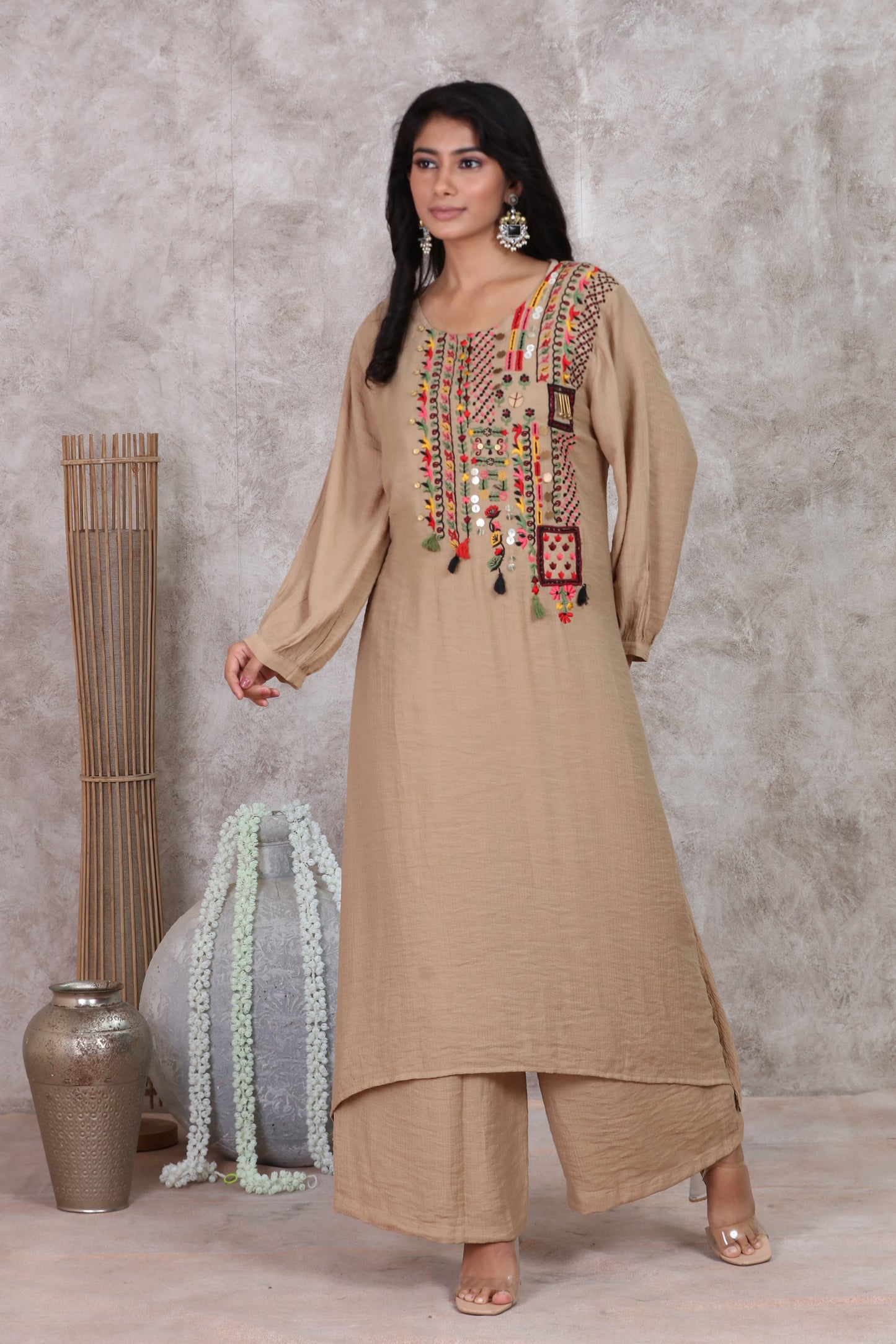 Beige A Line Kurti Set