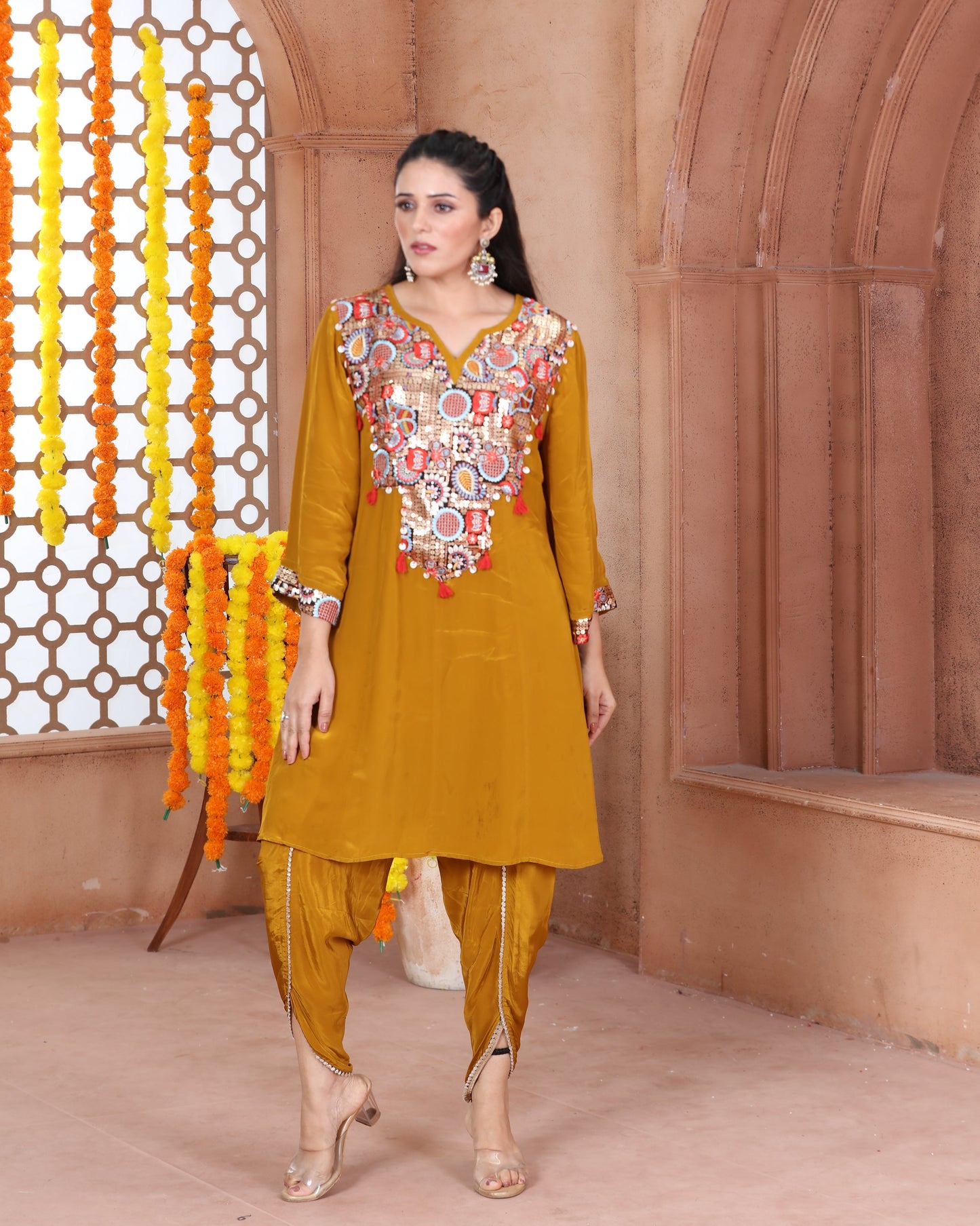 Mustard Short Anarkali Dhoti Set