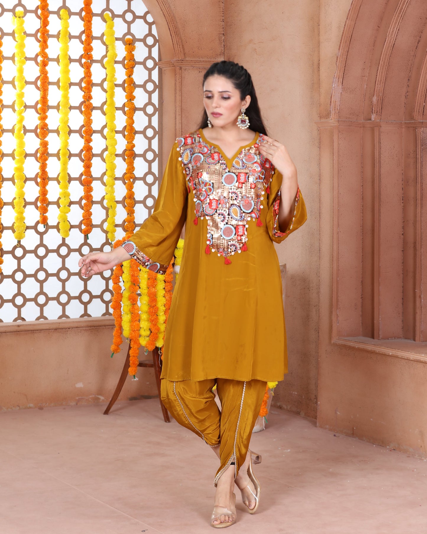 Mustard Short Anarkali Dhoti Set