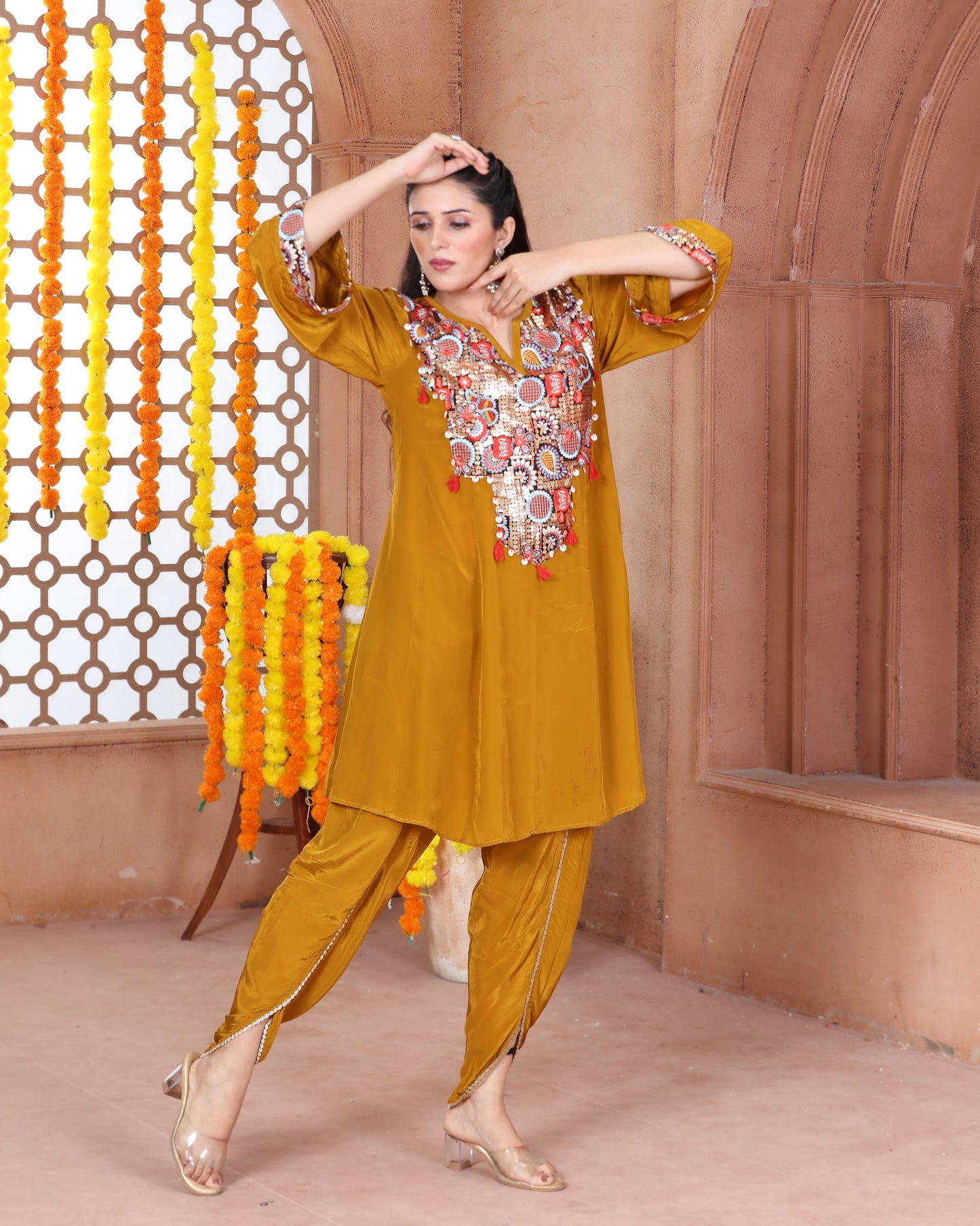 Mustard Short Anarkali Dhoti Set