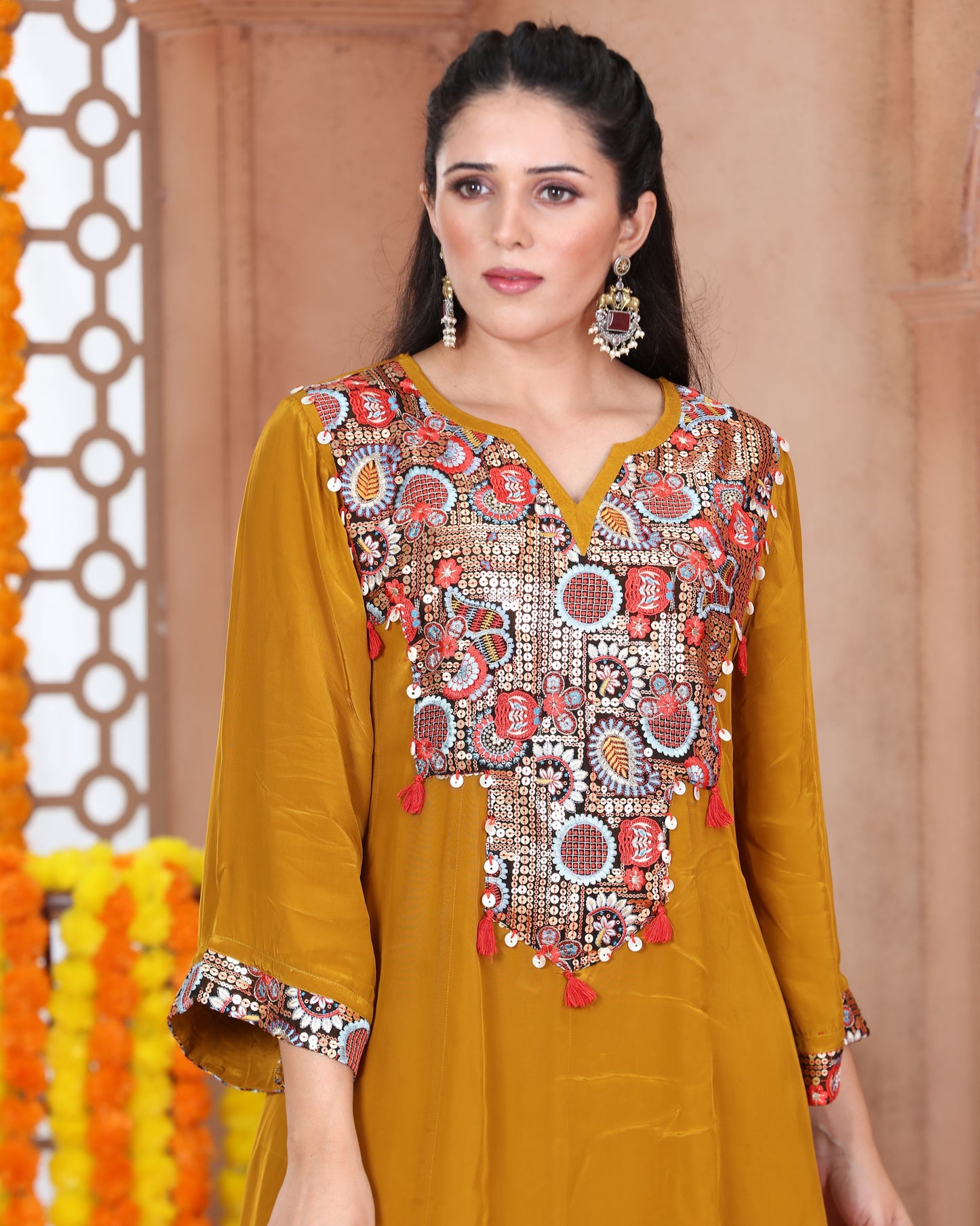 Mustard Short Anarkali Dhoti Set