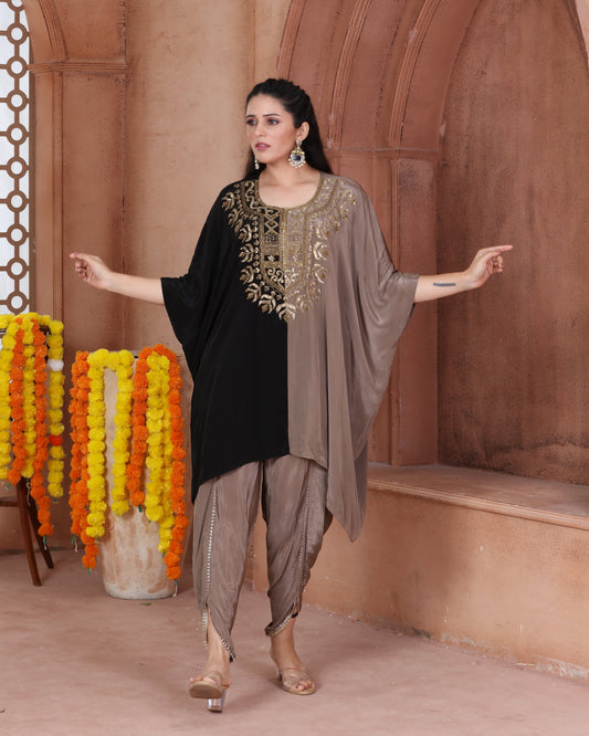 Black & Taupe Embroidered Kaftan Dhoti Set