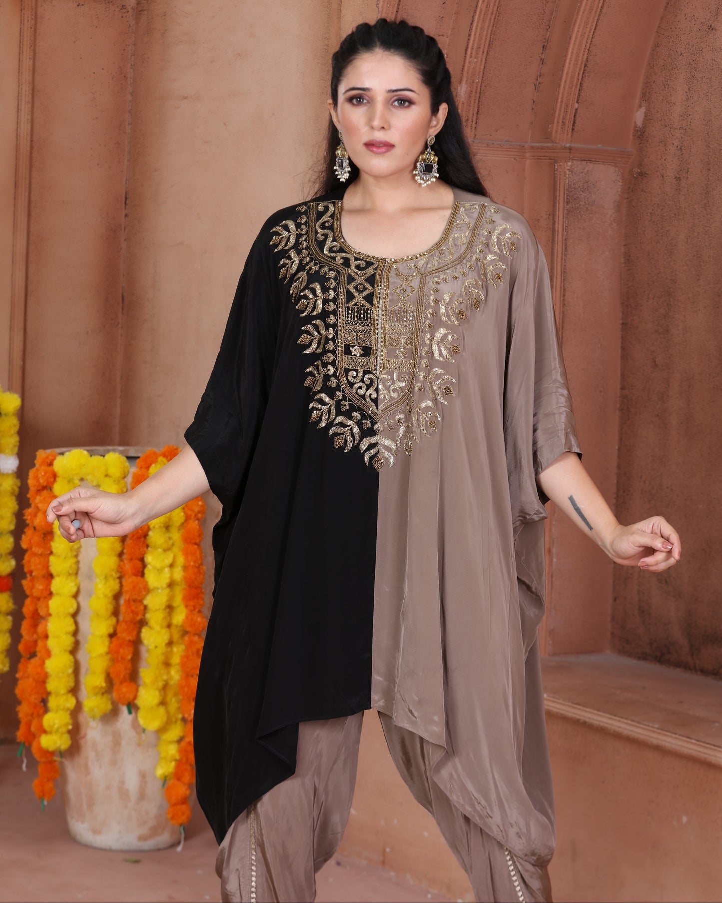 Black & Taupe Embroidered Kaftan Dhoti Set