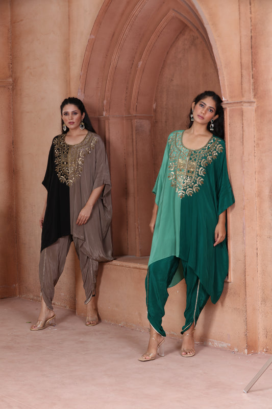 Monochrome Green Embroidered Kaftan Dhoti Set