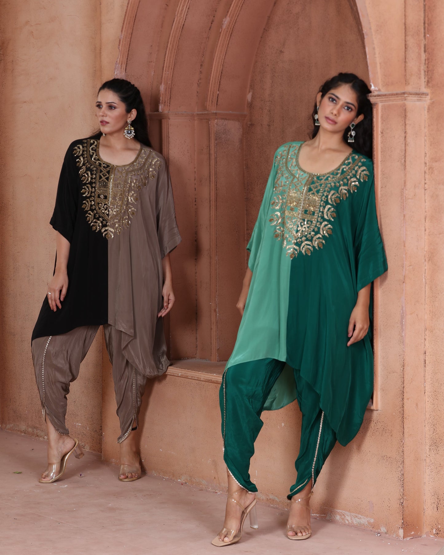 Black & Taupe Embroidered Kaftan Dhoti Set