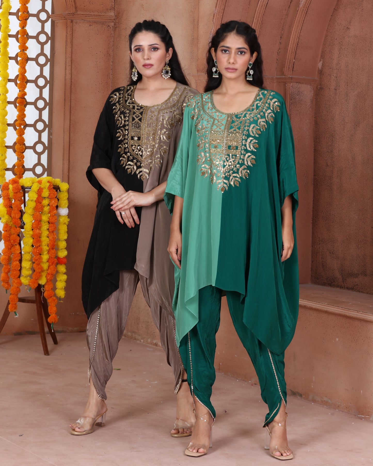 Black & Taupe Embroidered Kaftan Dhoti Set