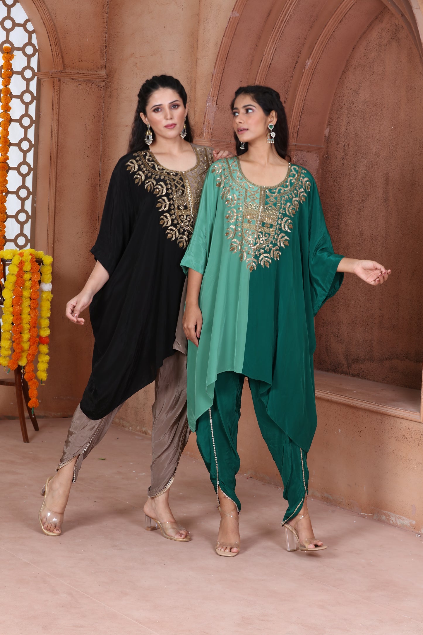 Black & Taupe Embroidered Kaftan Dhoti Set