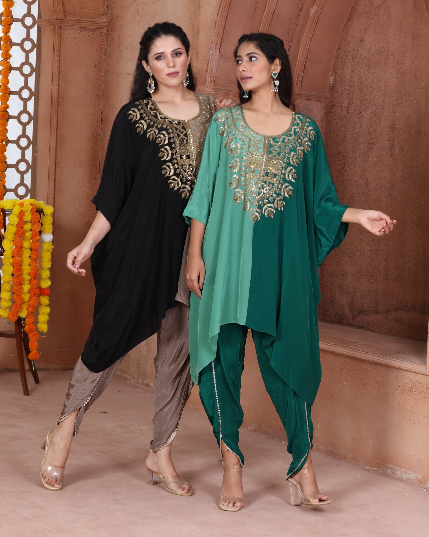 Monochrome Green Embroidered Kaftan Dhoti Set