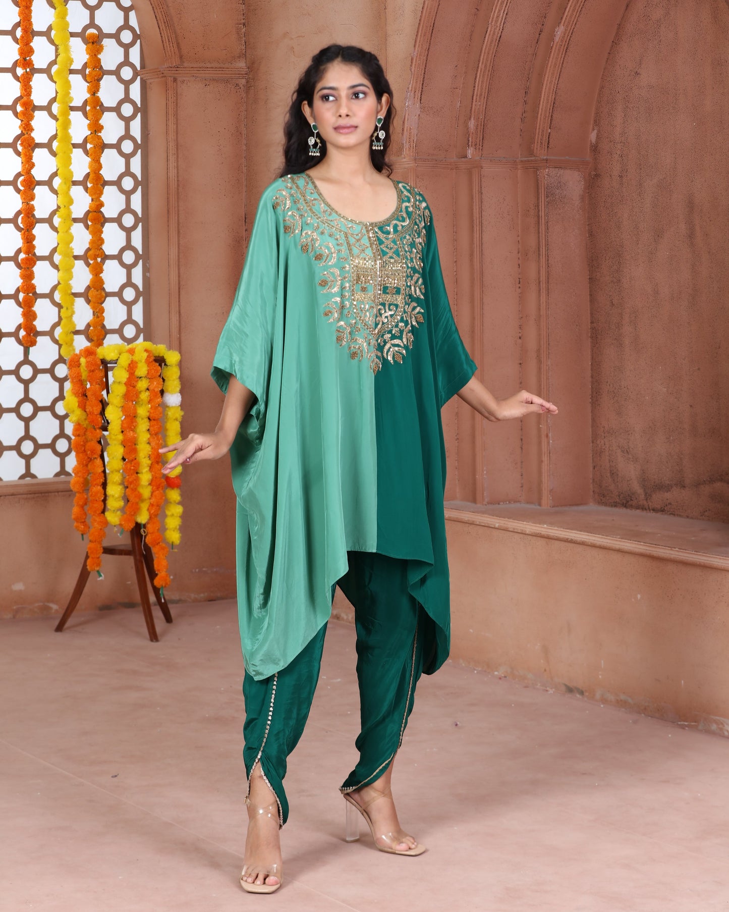 Monochrome Green Embroidered Kaftan Dhoti Set