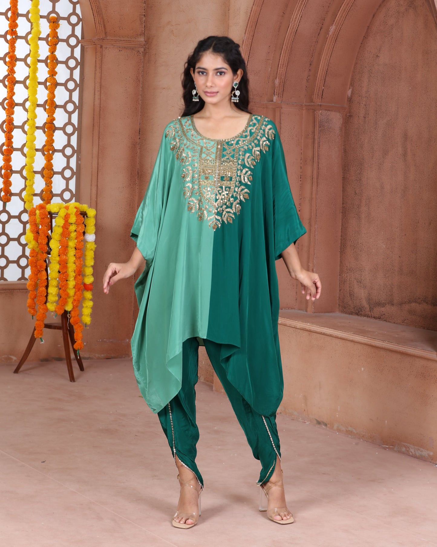 Monochrome Green Embroidered Kaftan Dhoti Set