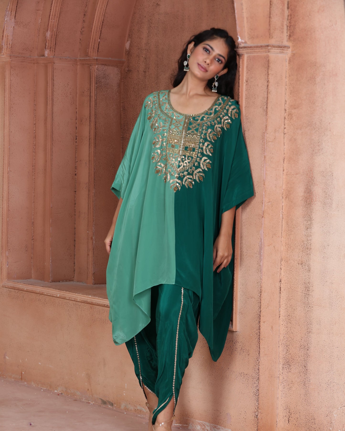 Monochrome Green Embroidered Kaftan Dhoti Set