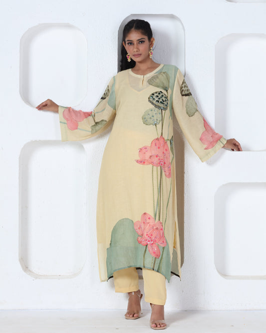 Yellow Printed Kurti Set
