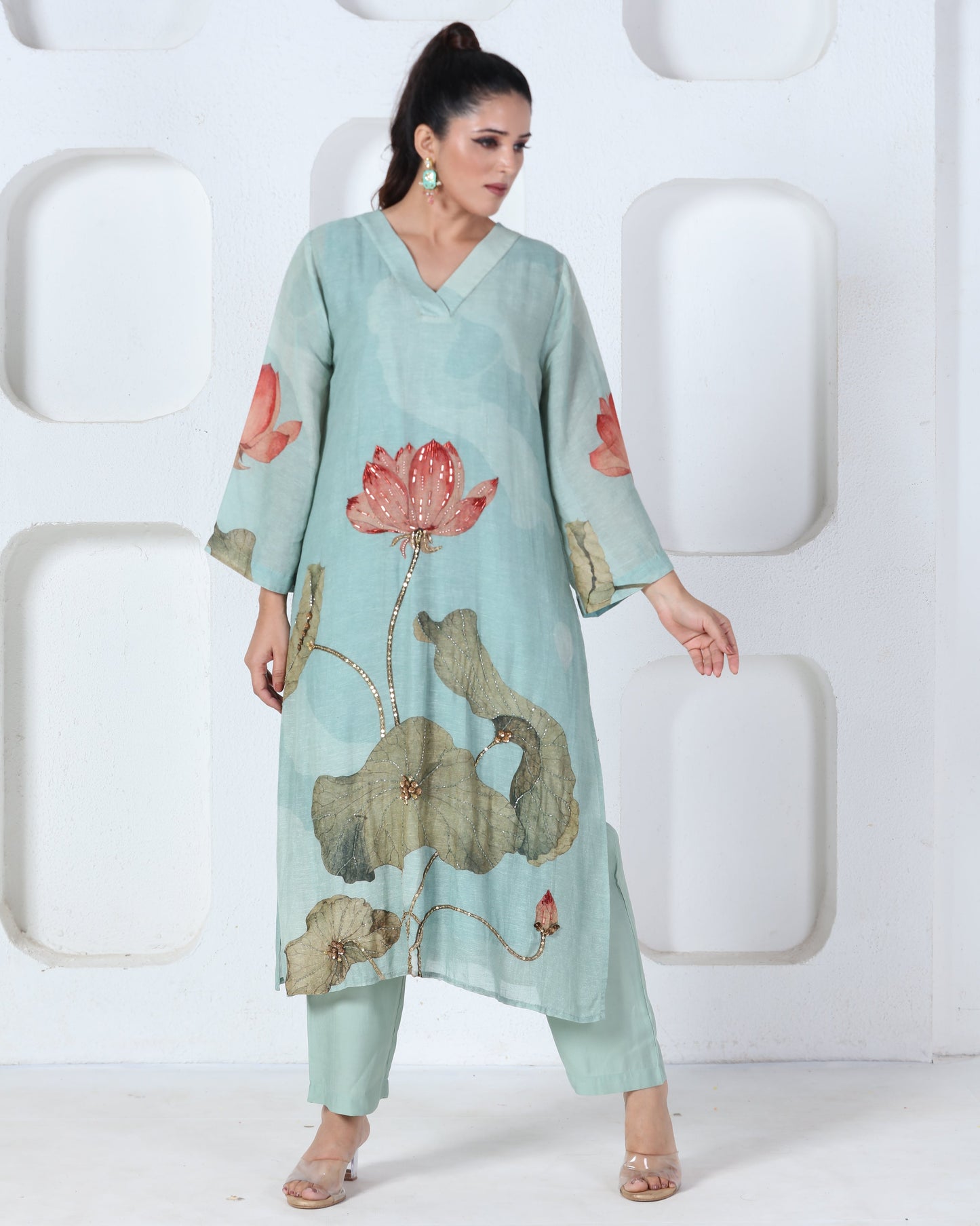 Aqua Blue Printed Kurti Set