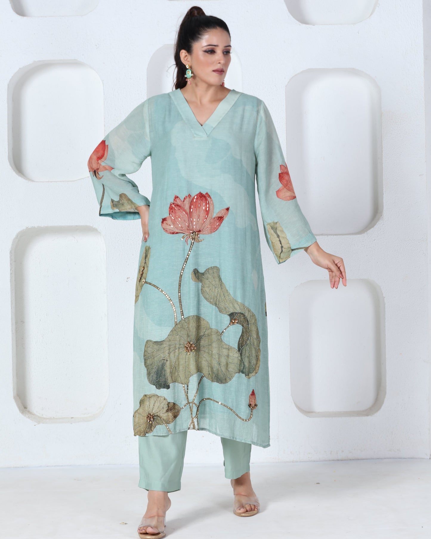 Aqua Blue Printed Kurti Set