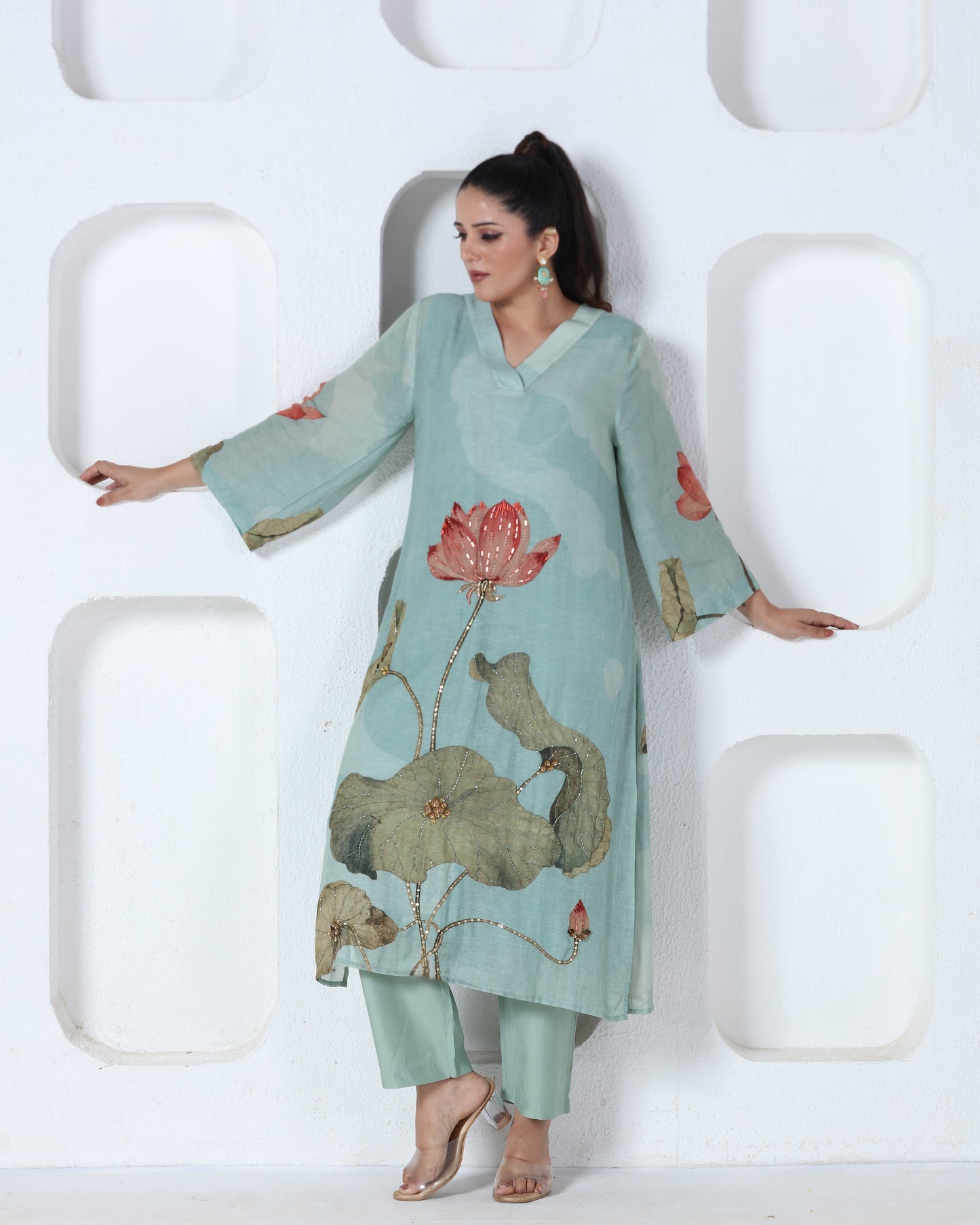 Aqua Blue Printed Kurti Set