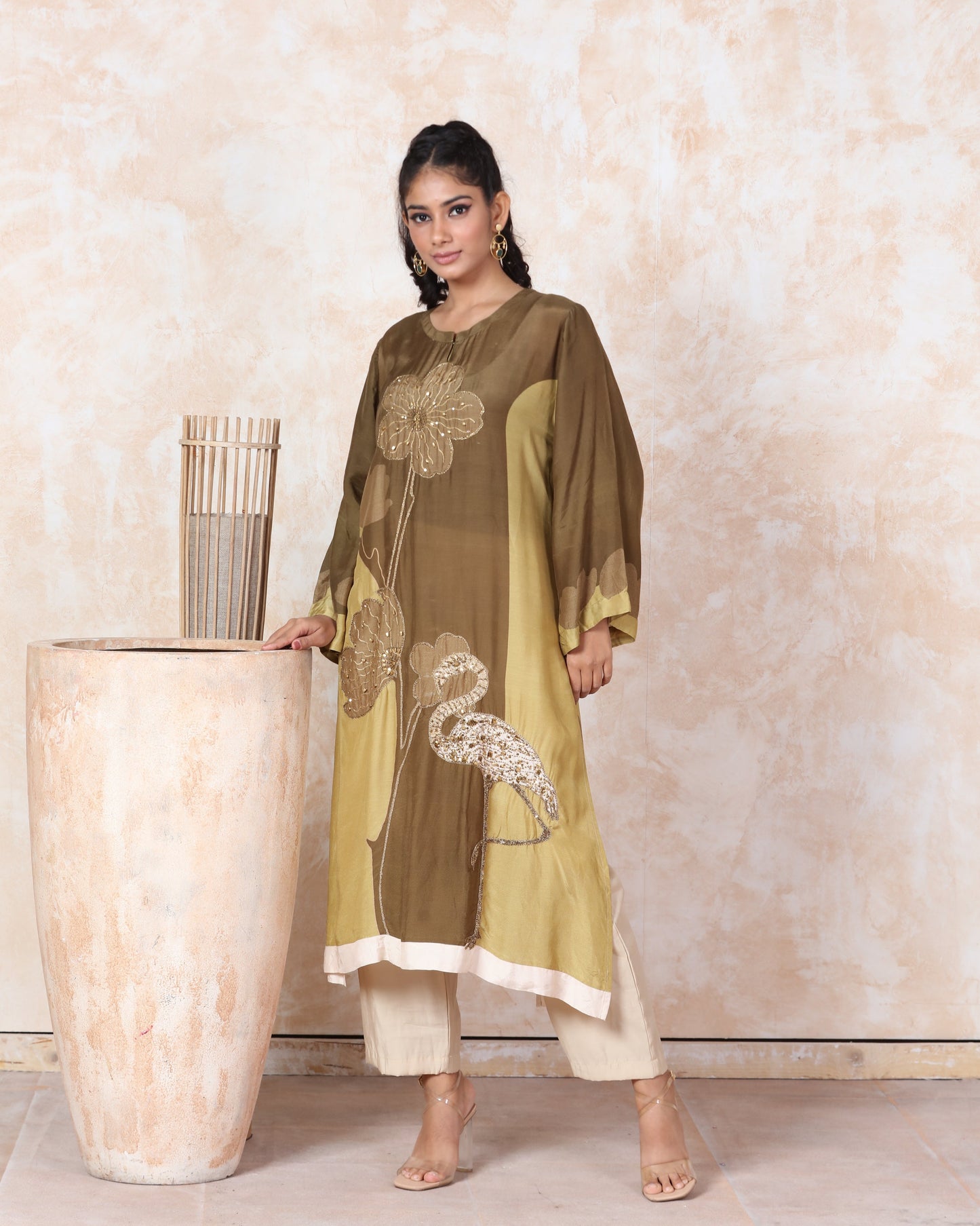 Olive Printed Muslin Kurti Set