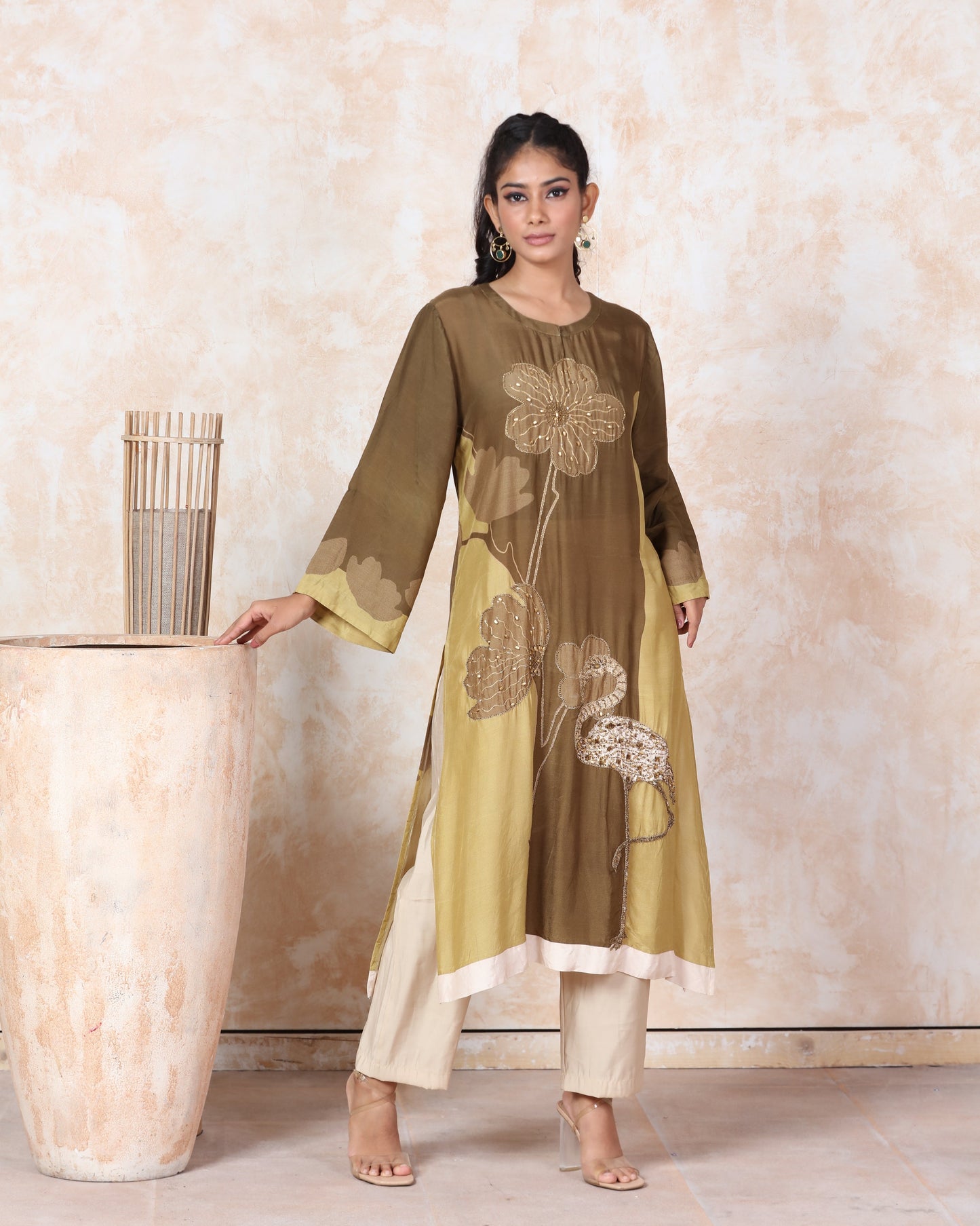 Olive Printed Muslin Kurti Set