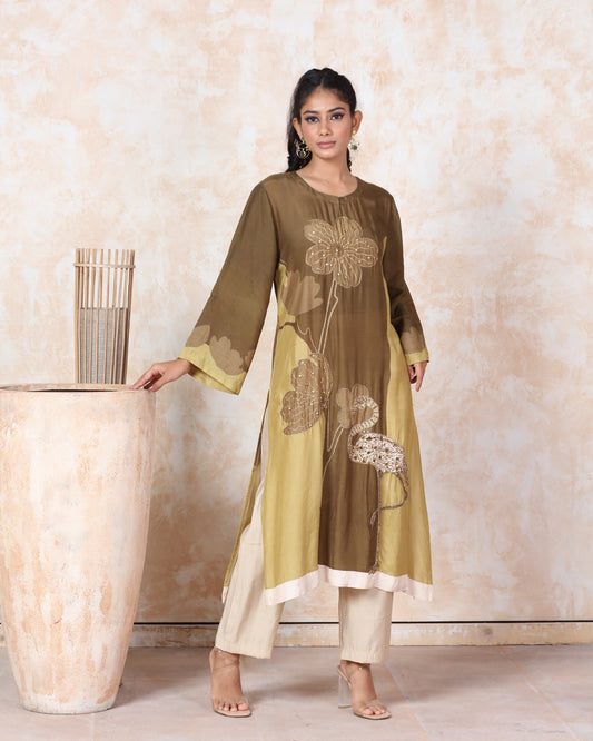 Olive Printed Muslin Kurti Set