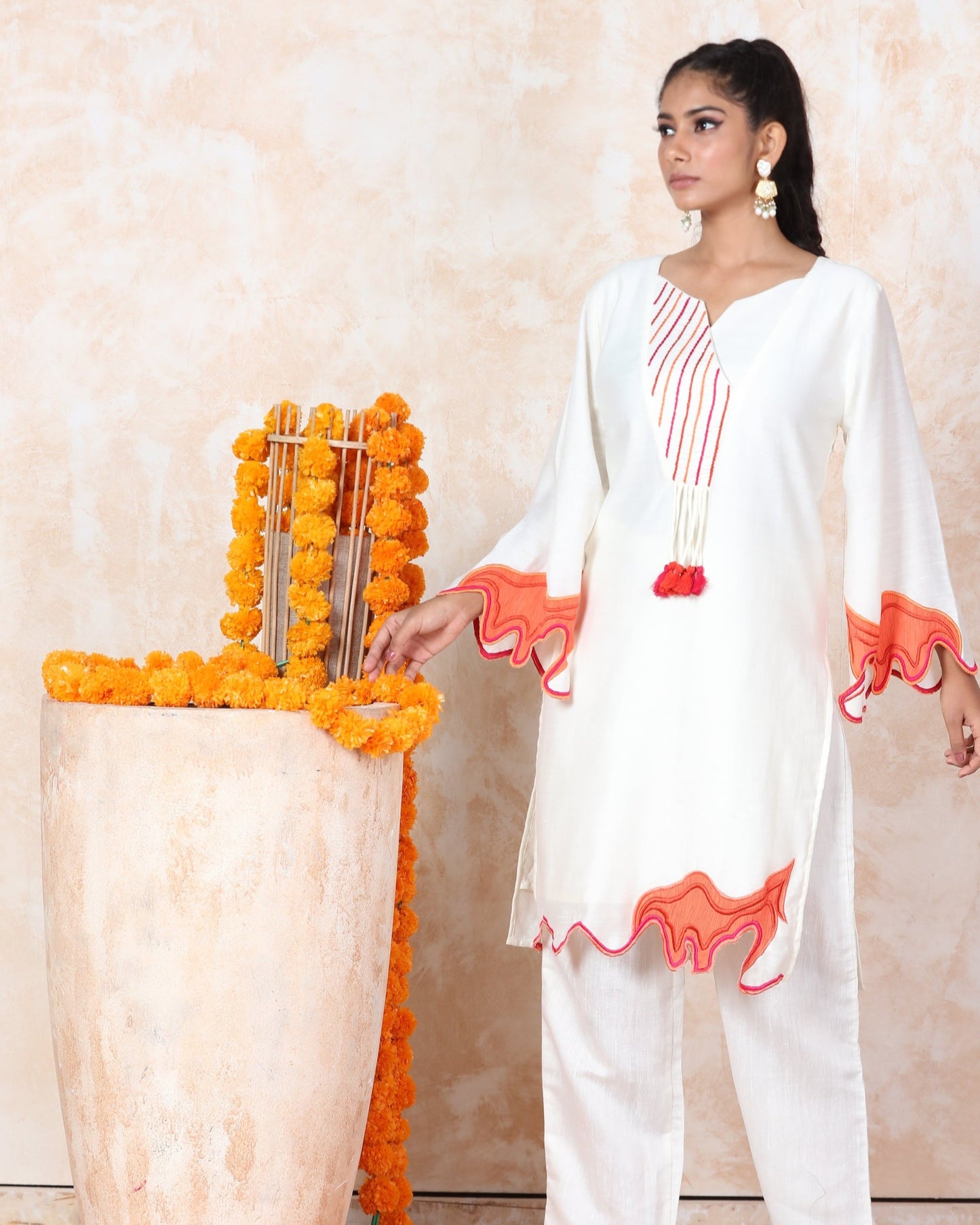White Patchwork Kurti Set