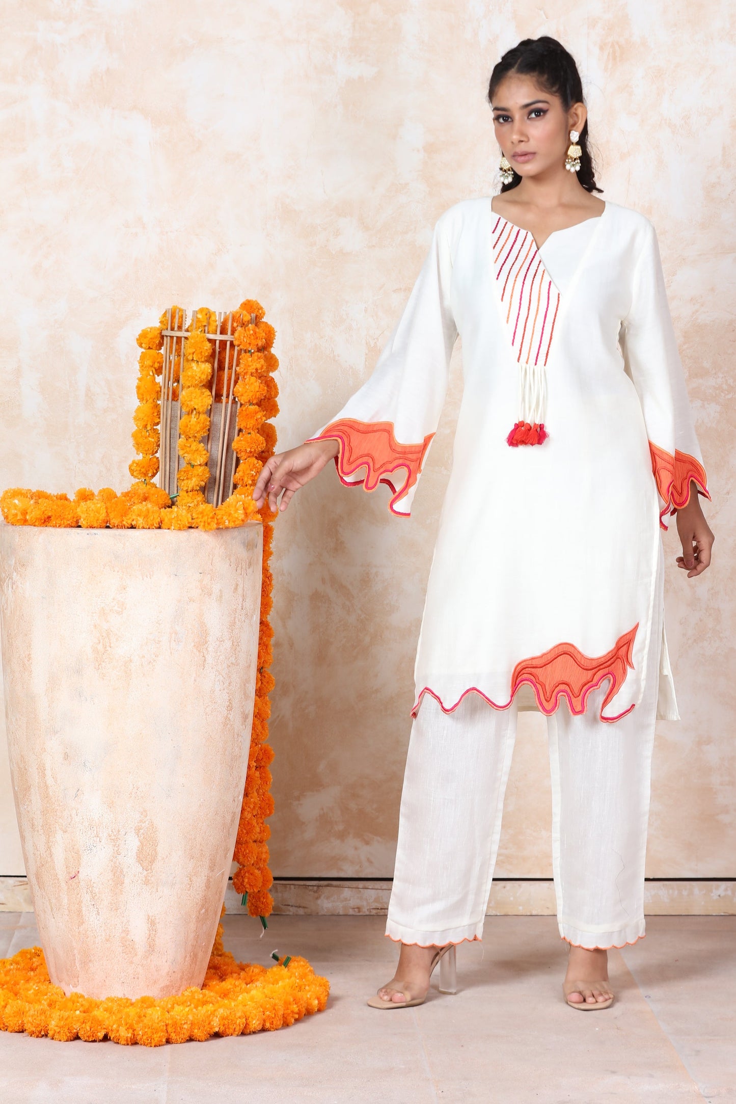 White Patchwork Kurti Set