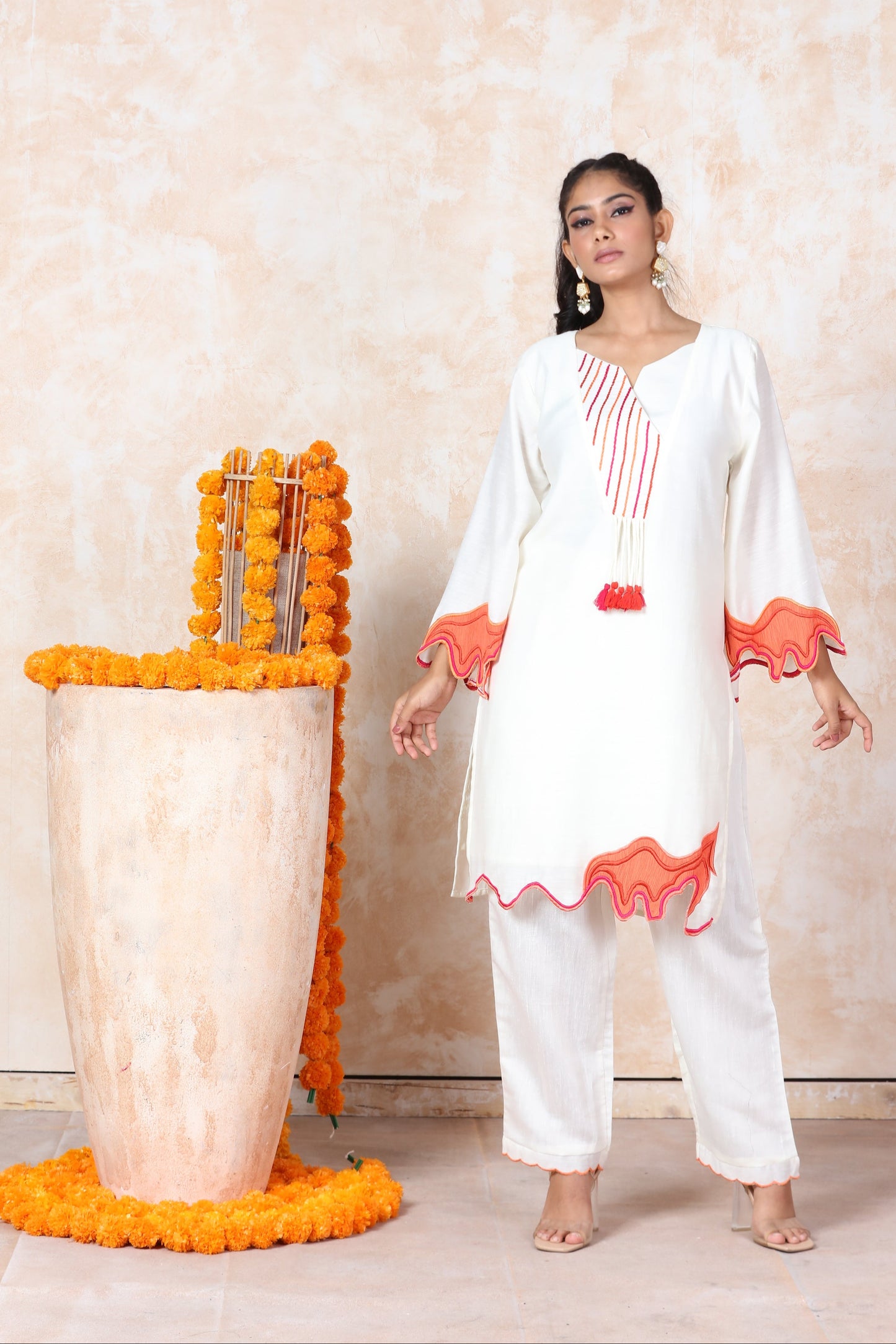 White Patchwork Kurti Set