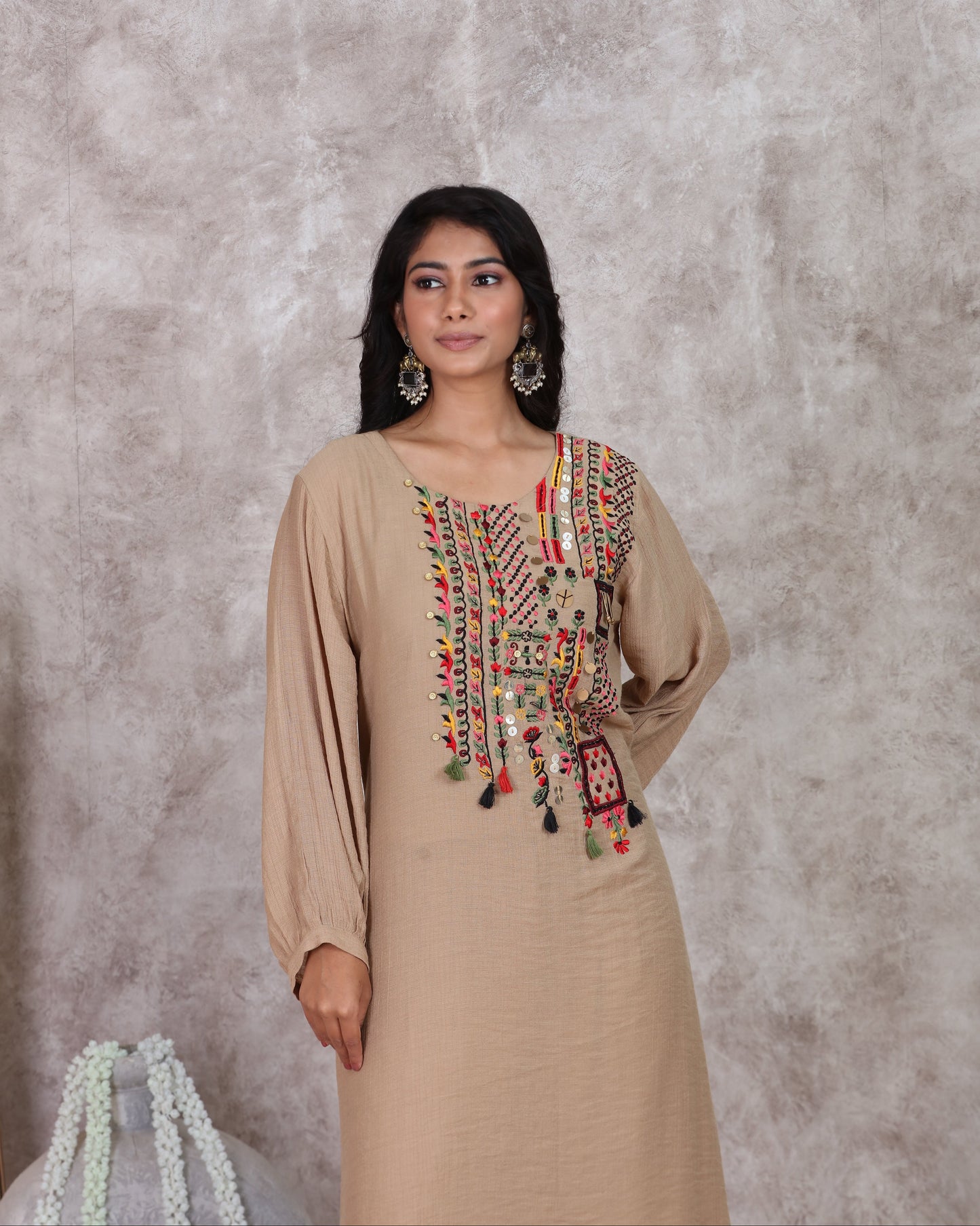 Beige A Line Kurti Set